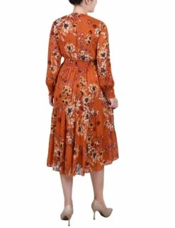 Orange Clip Dot Chiffon Dress - Long Sleeve Smocked Waist Midi 6 Orange Clip Dot Chiffon Dress - Long Sleeve Smocked Waist Midi -Dressbarn Store orange hauppage long sleeve clip dot chiffon dress with smocked waist and cuffs 968736