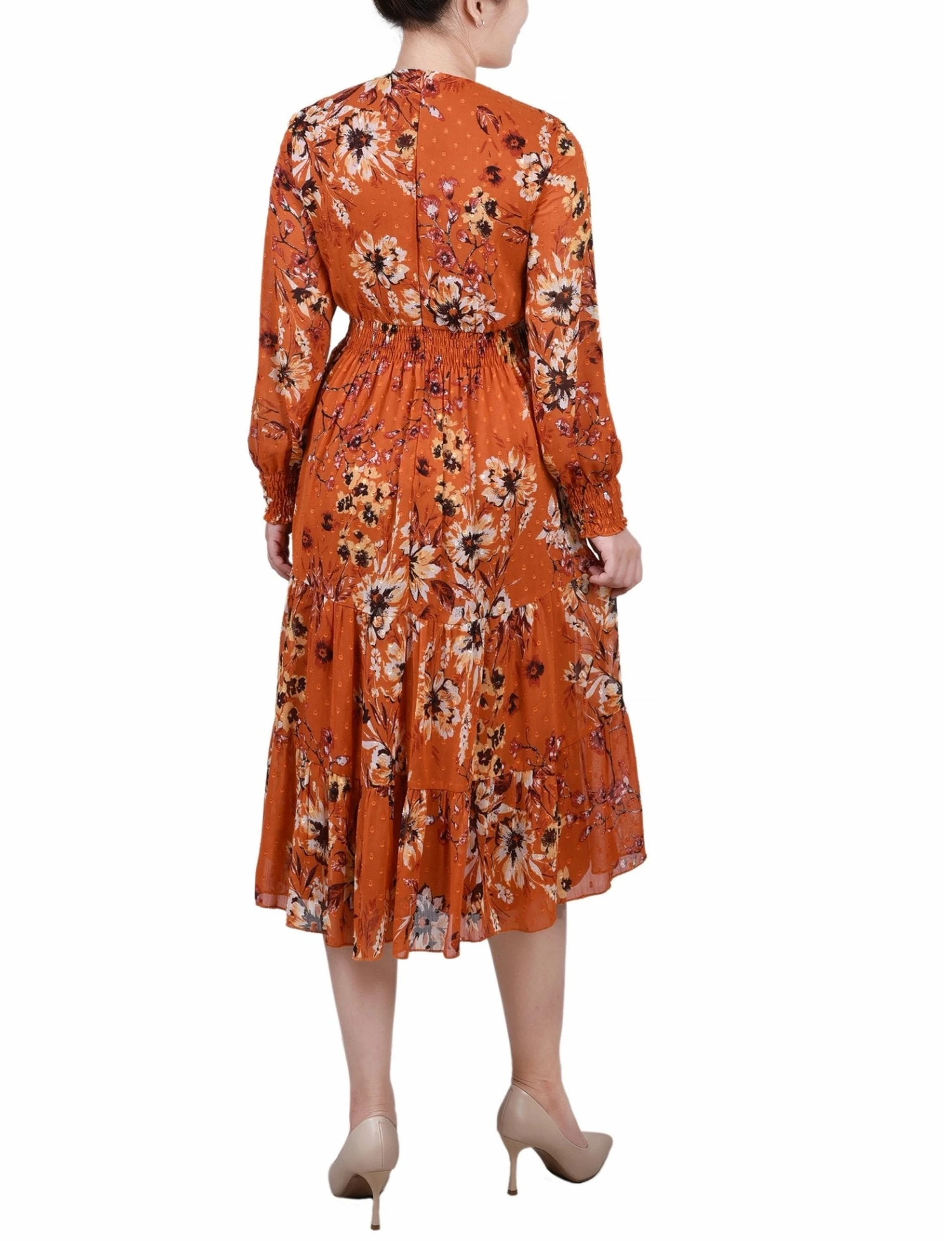 Orange Clip Dot Chiffon Dress - Long Sleeve Smocked Waist Midi 3 Orange Clip Dot Chiffon Dress - Long Sleeve Smocked Waist Midi - Image 3
