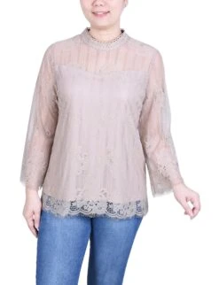 Elegant Oxford Tan Lace Blouse with 3/4 Sleeves