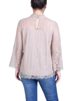 Elegant Oxford Tan Lace Blouse with 3/4 Sleeves -Dressbarn Store oxford tan 34 sleeve lace blouse 938196
