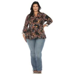 Plus Size Paisley Button Front Tunic Top with Roll-Tab Sleeves