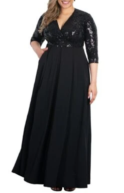 Paris Plus Size Pleated Sequin Formal Gown with Pockets