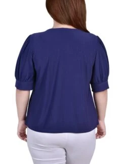 Plus Size Short Sleeve Balloon Sleeve Top - Patriot Blue Hardware Knit -Dressbarn Store patriot blue short sleeve balloon sleeve top with hardware plus 532109
