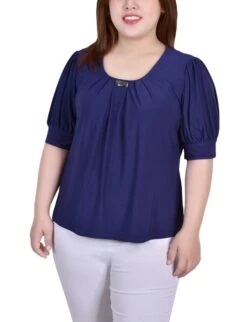 Plus Size Short Sleeve Balloon Sleeve Top - Patriot Blue Hardware Knit