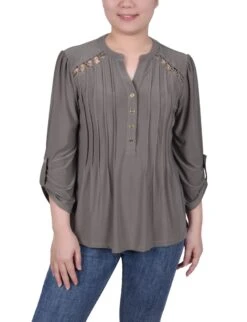 NY Collection Petite Pintuck Top with Chain Detail & Roll-Tab Sleeves -Dressbarn Store pintuck front top with chain details petite 174697