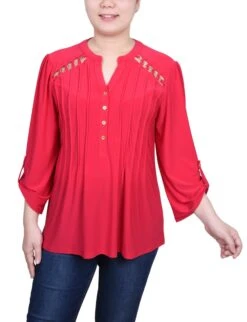 NY Collection Petite Pintuck Top with Chain Detail & Roll-Tab Sleeves -Dressbarn Store pintuck front top with chain details petite 286644