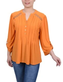 NY Collection Petite Pintuck Top with Chain Detail & Roll-Tab Sleeves -Dressbarn Store pintuck front top with chain details petite 356210