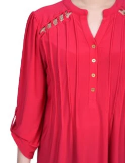 NY Collection Petite Pintuck Top with Chain Detail & Roll-Tab Sleeves -Dressbarn Store pintuck front top with chain details petite 397312