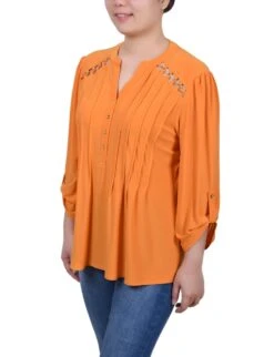 NY Collection Petite Pintuck Top with Chain Detail & Roll-Tab Sleeves -Dressbarn Store pintuck front top with chain details petite 437348