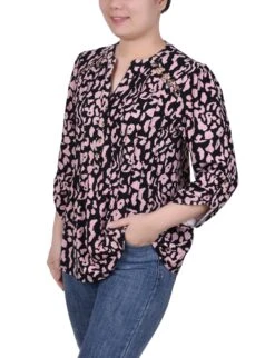 NY Collection Petite Pintuck Top with Chain Detail & Roll-Tab Sleeves -Dressbarn Store pintuck front top with chain details petite 475026