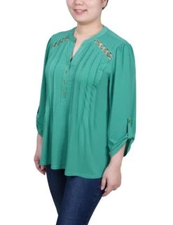 NY Collection Petite Pintuck Top with Chain Detail & Roll-Tab Sleeves -Dressbarn Store pintuck front top with chain details petite 601794