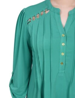 NY Collection Petite Pintuck Top with Chain Detail & Roll-Tab Sleeves -Dressbarn Store pintuck front top with chain details petite 705555