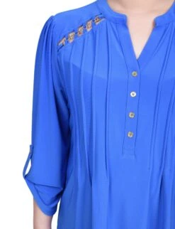 NY Collection Petite Pintuck Top with Chain Detail & Roll-Tab Sleeves -Dressbarn Store pintuck front top with chain details petite 772732
