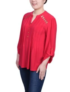 NY Collection Petite Pintuck Top with Chain Detail & Roll-Tab Sleeves -Dressbarn Store pintuck front top with chain details petite 924278