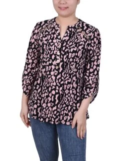 NY Collection Petite Pintuck Top with Chain Detail & Roll-Tab Sleeves -Dressbarn Store pintuck front top with chain details petite 956917