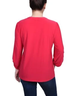 NY Collection Petite Pintuck Top with Chain Detail & Roll-Tab Sleeves -Dressbarn Store pintuck front top with chain details petite 963139