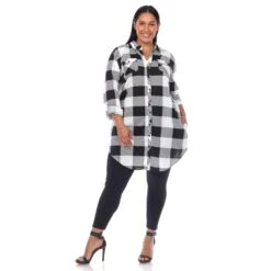 Women's Plaid Plus Size Tunic Shirt with Roll-Tab Sleeves and Pockets