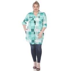 Women's Plaid Plus Size Tunic Shirt with Roll-Tab Sleeves and Pockets -Dressbarn Store plaid tunic shirt plus 630313