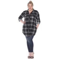 Women's Plus Size Plaid Tunic Top with Pockets and Roll Tab Sleeves -Dressbarn Store plaid tunic top plus 336502