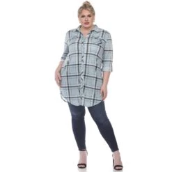 Women's Plus Size Plaid Tunic Top with Pockets and Roll Tab Sleeves -Dressbarn Store plaid tunic top plus 339668