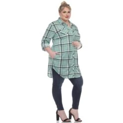 Women's Plus Size Plaid Tunic Top with Pockets and Roll Tab Sleeves -Dressbarn Store plaid tunic top plus 413221