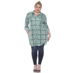 Women's Plus Size Plaid Tunic Top with Pockets and Roll Tab Sleeves -Dressbarn Store plaid tunic top plus 541514