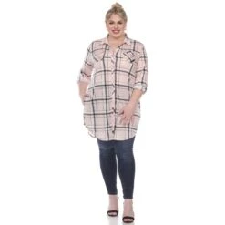 Women's Plus Size Plaid Tunic Top with Pockets and Roll Tab Sleeves
