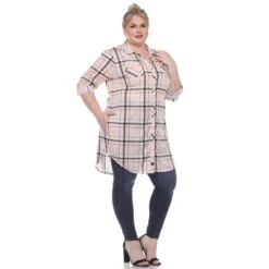 Women's Plus Size Plaid Tunic Top with Pockets and Roll Tab Sleeves -Dressbarn Store plaid tunic top plus 910675