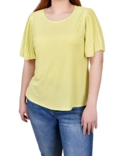 NY Collection Petite Pleated-Sleeve Crepe Knit Top