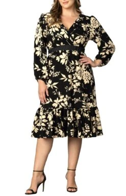 Plus Size Long Sleeve Cocktail Dress - Portia Elegant A-Line Midi