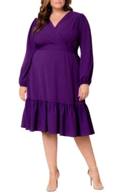 Plus Size Long Sleeve V-Neck Cocktail Dress with Lantern Sleeves