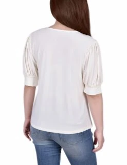 Pristine Short Sleeve Balloon Sleeve Top with Elegant Neck Hardware -Dressbarn Store pristine short sleeve balloon sleeve top with hardware 402870