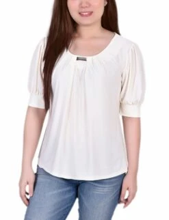 Pristine Short Sleeve Balloon Sleeve Top with Elegant Neck Hardware