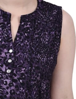 Elegant Purple Cheetah Jacquard Y-Neck Petite Sleeveless Top -Dressbarn Store purple cheetah sleeveless jacquard y neck top petite 590452