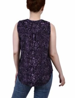 Elegant Purple Cheetah Jacquard Y-Neck Petite Sleeveless Top -Dressbarn Store purple cheetah sleeveless jacquard y neck top petite 721912