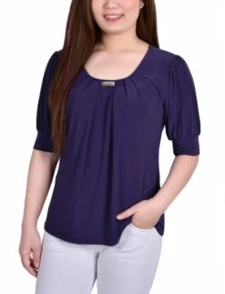 Purple Balloon Sleeve Top with Neck Hardware Detail