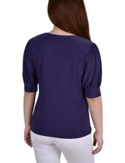 Purple Balloon Sleeve Top with Neck Hardware Detail -Dressbarn Store purple short sleeve balloon sleeve top with hardware 560477