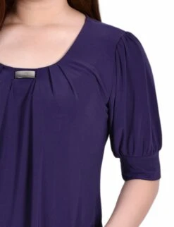 Purple Balloon Sleeve Top with Neck Hardware Detail -Dressbarn Store purple short sleeve balloon sleeve top with hardware 964548