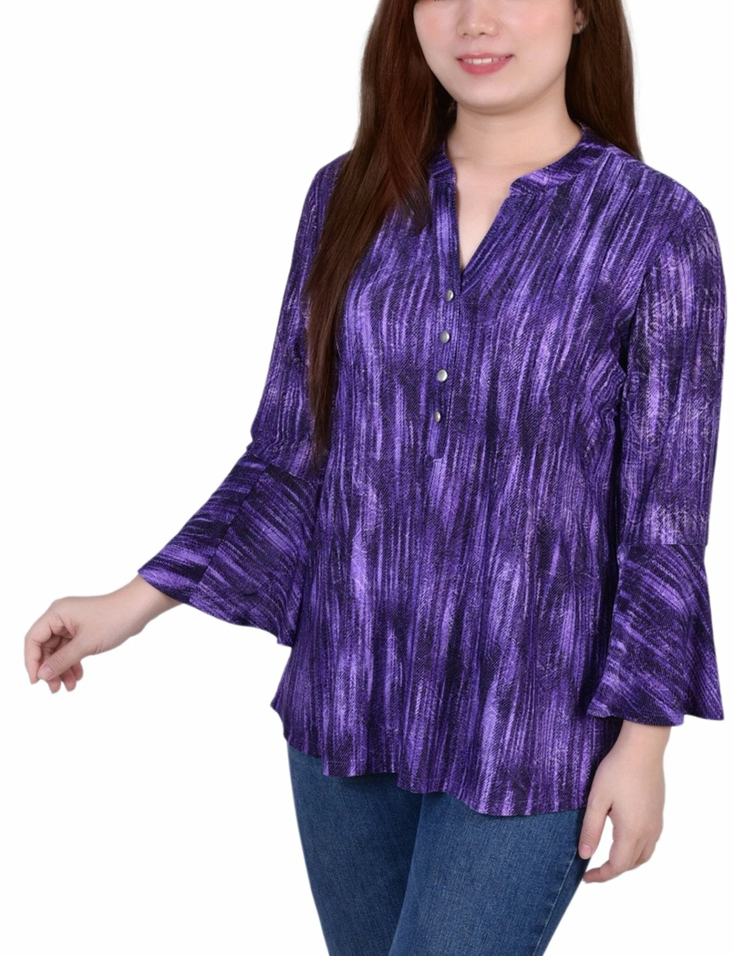 Purple Stripe 3/4 Bell Sleeve Pleated Y Neck Blouse 2 Purple Stripe 3/4 Bell Sleeve Pleated Y Neck Blouse - Image 2
