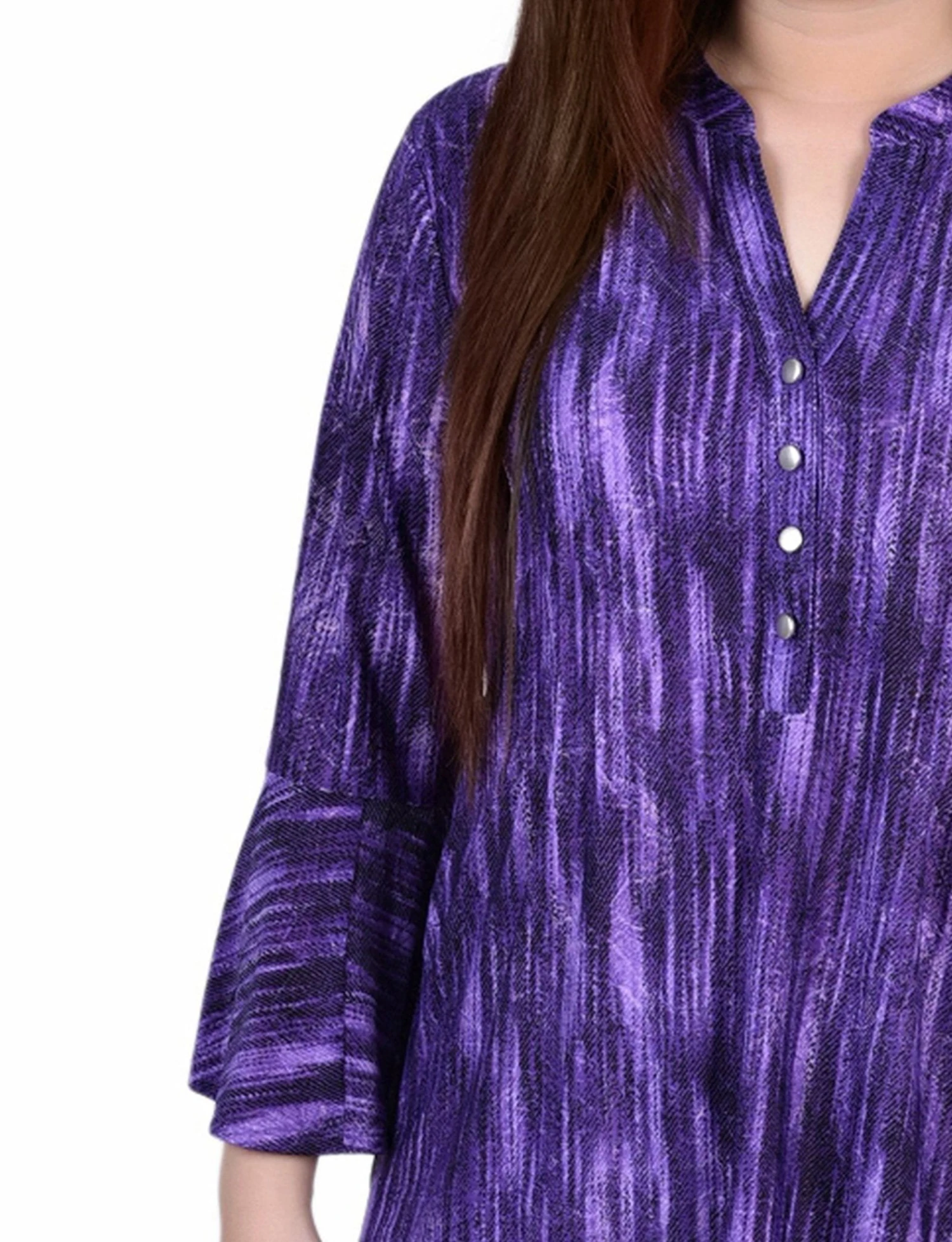 Purple Stripe 3/4 Bell Sleeve Pleated Y Neck Blouse 3 Purple Stripe 3/4 Bell Sleeve Pleated Y Neck Blouse - Image 3
