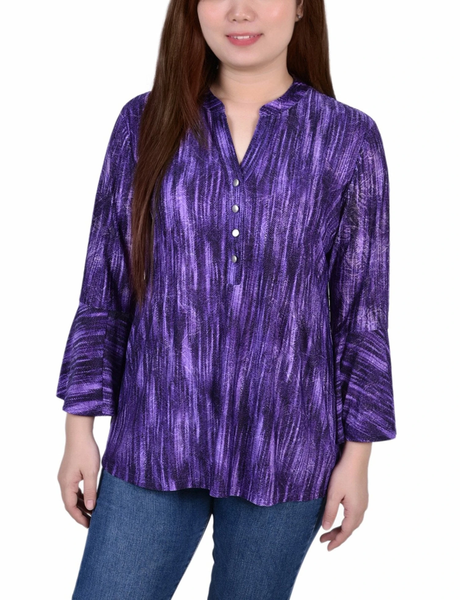 Purple Stripe 3/4 Bell Sleeve Pleated Y Neck Blouse 1 Purple Stripe 3/4 Bell Sleeve Pleated Y Neck Blouse