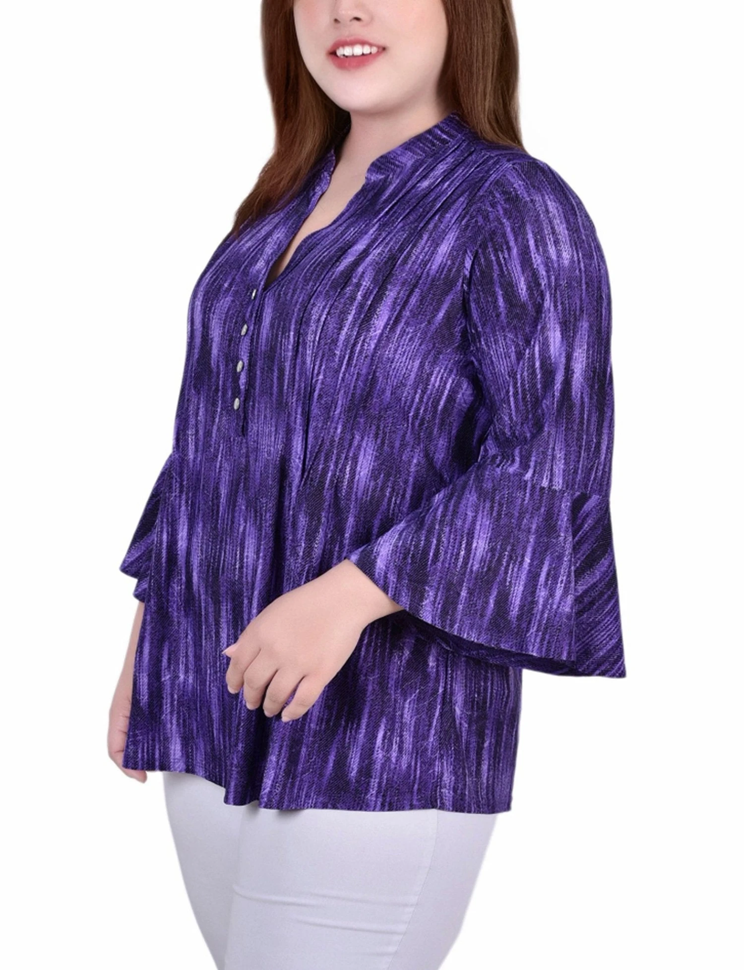 Plus Size Purple Stripe 3/4 Bell Sleeve Pleat Front Y-Neck Blouse 2 Plus Size Purple Stripe 3/4 Bell Sleeve Pleat Front Y-Neck Blouse - Image 2