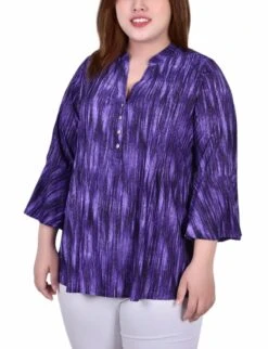 Plus Size Purple Stripe 3/4 Bell Sleeve Pleat Front Y-Neck Blouse