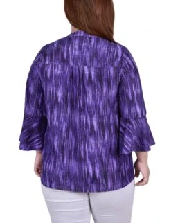 Plus Size Purple Stripe 3/4 Bell Sleeve Pleat Front Y-Neck Blouse 7 Plus Size Purple Stripe 3/4 Bell Sleeve Pleat Front Y-Neck Blouse -Dressbarn Store purple stripe 34 bell sleeve pleat front y neck top plus 965564