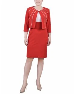 Women's Red Colorblocked 2-Piece Dress Set with 3/4 Sleeve Jacket