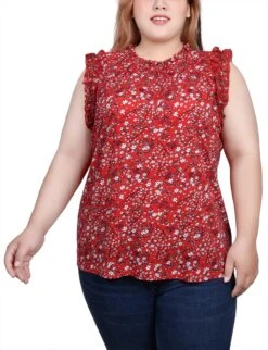 Red Ditsy Sleeveless Crepe Top with Elegant Chiffon Ruffles - Plus Size