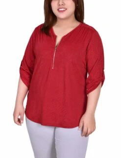 Sakadotduo Red 3/4 Roll Tab Zip Front Jacquard Knit Top - Plus Size