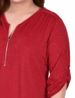 Sakadotduo Red 3/4 Roll Tab Zip Front Jacquard Knit Top - Plus Size -Dressbarn Store red sakadotduo 34 roll tab zip front jacquard knit top plus 647548