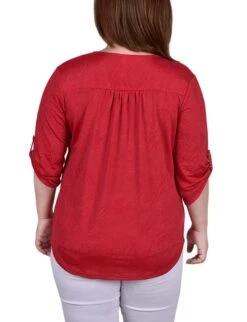 Sakadotduo Red 3/4 Roll Tab Zip Front Jacquard Knit Top - Plus Size -Dressbarn Store red sakadotduo 34 roll tab zip front jacquard knit top plus 665281