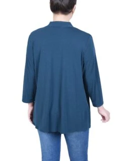 Women's 3/4 Sleeve Open Front Solid Cardigan in Reflecting Pond -Dressbarn Store reflecting pond 34 sleeve solid cardigan 511140